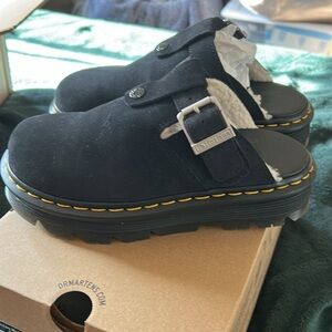 Dr. Martens Zebzag Wool Lined Black Suede Platform Mules NIB